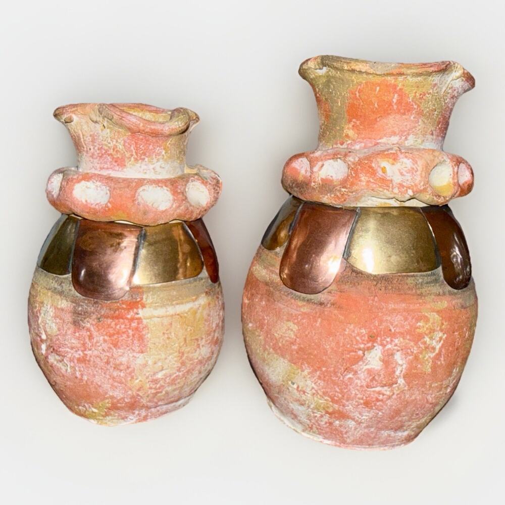 Vintage Terracotta Clay Ceramic Mixed Metal Brass Copper Two Pottery Vases